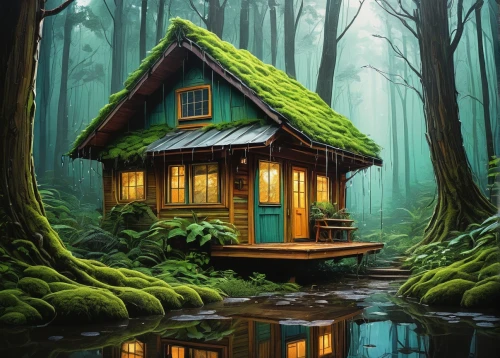 house in the forest,small cabin,little house,wooden house,house with lake,tree house,log cabin,small house,log home,summer cottage,lonely house,treehouse,fairy house,wooden hut,cottage,fisherman's house,miniature house,the cabin in the mountains,cabin,inverted cottage,Illustration,Realistic Fantasy,Realistic Fantasy 23