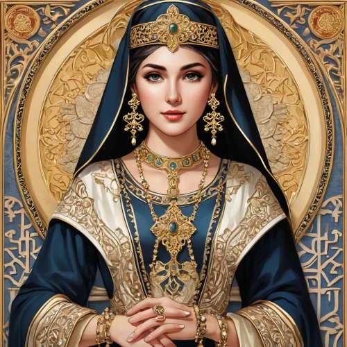 the prophet mary,cleopatra,jaya,cepora judith,priestess,artemisia,fatima,portrait of christi,mary-gold,dulzaina,mary 1,sultana,sheftalia,byzantine,greek orthodox,to our lady,samara,assyrian,arabian,seven sorrows,Illustration,Realistic Fantasy,Realistic Fantasy 43