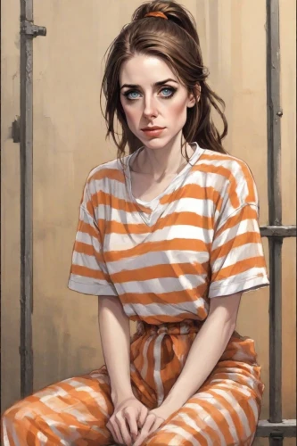 prisoner,prison,chainlink,criminal,sad woman,detention,murderer,oil on canvas,orange,depressed woman,pajamas,pjs,oil painting,art,digital painting,queen cage,theft,orange robes,portrait background,in custody,Digital Art,Comic