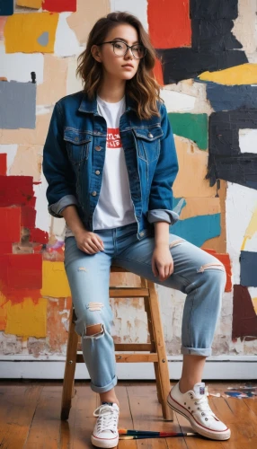 jeans background,portrait background,denim background,jean jacket,studio photo,artist portrait,denim,menswear for women,denim jacket,with glasses,on a red background,bleachers,girl sitting,blogger icon,art model,red background,product photos,jeans pattern,carpenter jeans,girl in overalls,Art,Artistic Painting,Artistic Painting 28