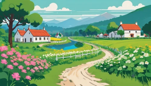 springtime background,spring background,landscape background,background vector,farm background,farm landscape,home landscape,rural landscape,salt meadow landscape,countryside,vegetables landscape,flower painting,meadow landscape,houses clipart,alpine pastures,watercolor background,french digital background,meadow in pastel,easter background,flower field,Illustration,Japanese style,Japanese Style 06