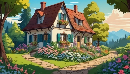 summer cottage,little house,cottage,country cottage,house in the forest,small house,home landscape,houses clipart,witch's house,house painting,cottage garden,country house,beautiful home,lonely house,victorian house,wooden house,farm house,old home,dandelion hall,cartoon video game background,Illustration,Japanese style,Japanese Style 07