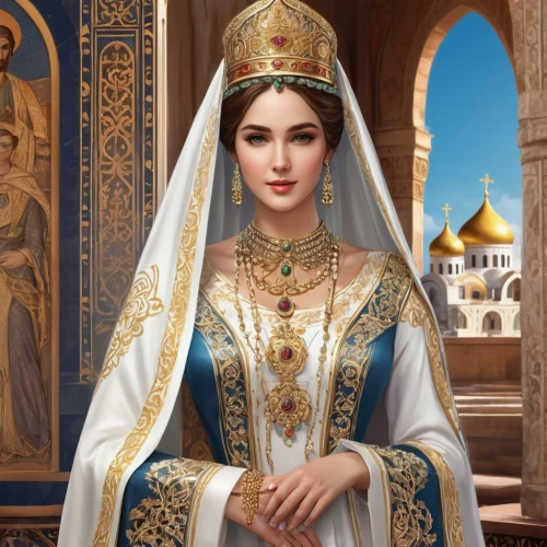 the prophet mary,arabian,priestess,abaya,bridal clothing,fatima,islamic girl,girl in a historic way,sultana,dulzaina,world digital painting,mary 1,eurasian,cepora judith,vestment,suit of the snow maiden,diadem,romanian orthodox,bridal jewelry,arab,Illustration,Realistic Fantasy,Realistic Fantasy 43