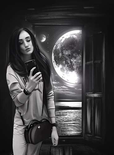 black and white photo,payphone,woman holding a smartphone,violinist violinist of the moon,honeymoon,moon addicted,photo manipulation,b w,moon phase,lunar,blackandwhite,black-and-white,black and white,grayscale,photomanipulation,yogananda,color black and white,lost in space,time traveler,black white