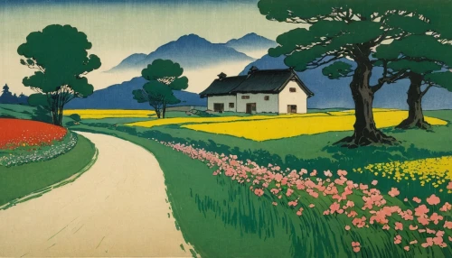 olle gill,rural landscape,farm landscape,green fields,meadow landscape,matruschka,village scene,vaud,cultivated field,cool woodblock images,travel poster,home landscape,valais,tulip field,david bates,yamada's rice fields,green landscape,salt meadow landscape,campagna,landscape,Illustration,Japanese style,Japanese Style 21