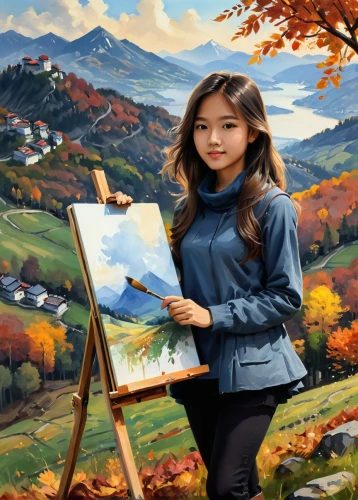 landscape background,autumn background,art painting,photo painting,painting technique,autumn landscape,world digital painting,painter,meticulous painting,oil painting,fall landscape,girl picking apples,italian painter,creative background,painting,autumn scenery,girl with tree,oil painting on canvas,motif,autumn mountains,Conceptual Art,Fantasy,Fantasy 03