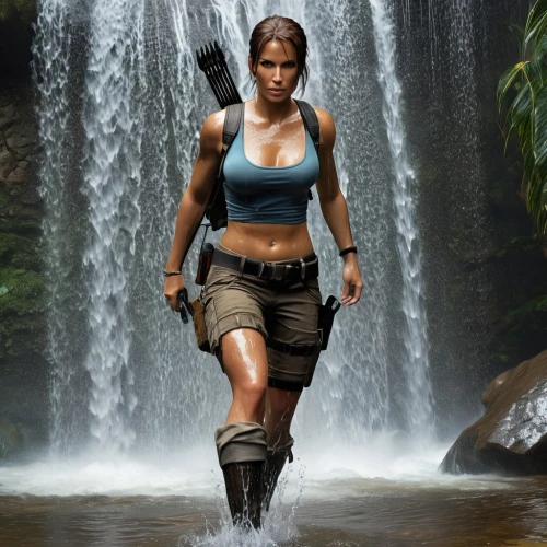 lara,katniss,croft,female warrior,cg artwork,full hd wallpaper,canyoning,sci fiction illustration,huntress,mercenary,digital compositing,game art,warrior woman,insurgent,brown waterfall,quiet,ash falls,wasserfall,indiana jones,world digital painting,Photography,General,Realistic