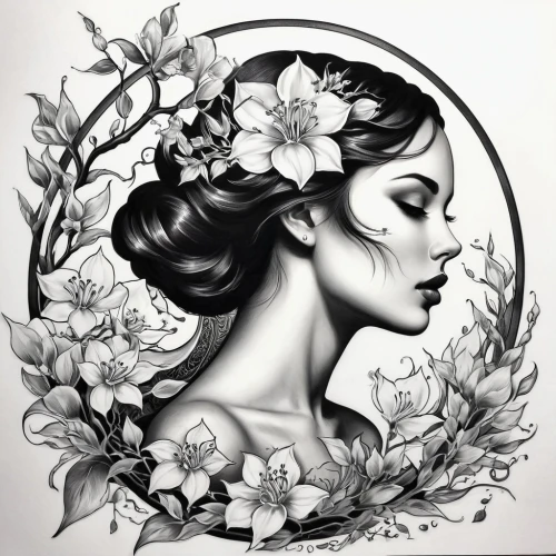 gardenia,floral wreath,rose flower illustration,floral silhouette wreath,jasmine blossom,girl in flowers,magnolias,laurel wreath,girl in a wreath,rose flower drawing,magnolia,wreath of flowers,blooming wreath,flower painting,flora,lotus art drawing,flower drawing,fashion illustration,floral silhouette frame,rose wreath,Illustration,Black and White,Black and White 07