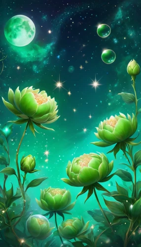 spring leaf background,fairy galaxy,frog background,water lilies,moonflower,green bubbles,green wallpaper,dandelion background,lily pad,fairy forest,lily pads,fairy world,starflower,fireflies,fantasy picture,children's background,cosmos field,moonlight cactus,aquatic plants,green aurora,Illustration,Realistic Fantasy,Realistic Fantasy 01