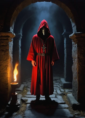 hooded man,the abbot of olib,dodge warlock,grimm reaper,red coat,cloak,archimandrite,red cape,grim reaper,monks,hall of the fallen,dance of death,red riding hood,templar,hooded,magus,magistrate,hieromonk,benedictine,crypt,Conceptual Art,Sci-Fi,Sci-Fi 21