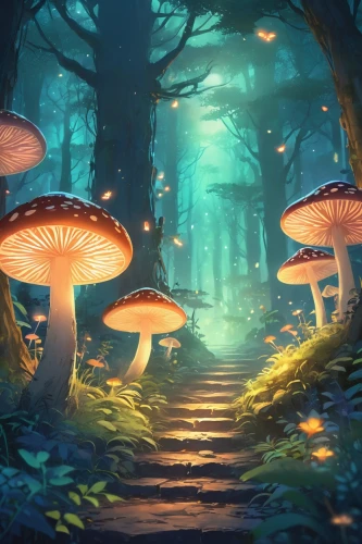 mushroom landscape,forest mushrooms,fairy forest,toadstools,mushroom island,mushrooms,fairytale forest,forest mushroom,forest floor,fairy village,cartoon forest,enchanted forest,forest of dreams,elven forest,fairy world,umbrella mushrooms,forest path,blue mushroom,brown mushrooms,forest glade,Illustration,Japanese style,Japanese Style 03