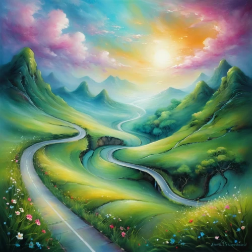 winding road,mountain road,the mystical path,winding roads,mountain highway,landscape background,the way of nature,mountain landscape,pathway,mountain scene,the road to the sea,mountainous landscape,oil painting on canvas,alpine route,salt meadow landscape,fantasy landscape,alpine drive,road of the impossible,the way,the path,Conceptual Art,Daily,Daily 32