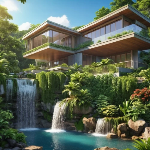 japanese architecture,tropical house,green waterfall,asian architecture,landscape designers sydney,aqua studio,beautiful home,luxury property,house by the water,landscape design sydney,modern house,idyllic,japan garden,house in the forest,tropical greens,green living,home landscape,luxury real estate,japanese zen garden,luxury home,Photography,General,Realistic