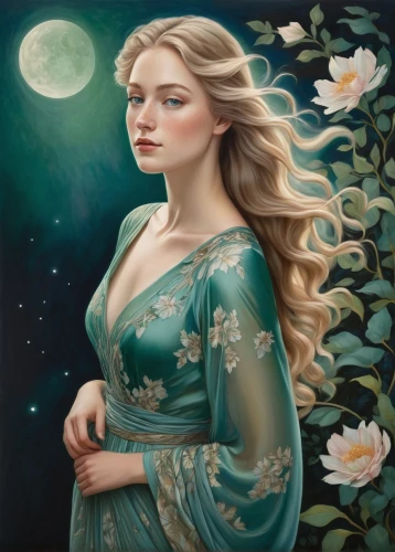 celtic woman,jessamine,fantasy portrait,blue moon rose,oil painting on canvas,celtic queen,moonflower,mystical portrait of a girl,oil painting,fantasy art,the sleeping rose,elsa,fairy tale character,romantic portrait,the blonde in the river,way of the roses,zodiac sign libra,art painting,fantasy picture,lady of the night,Art,Artistic Painting,Artistic Painting 21