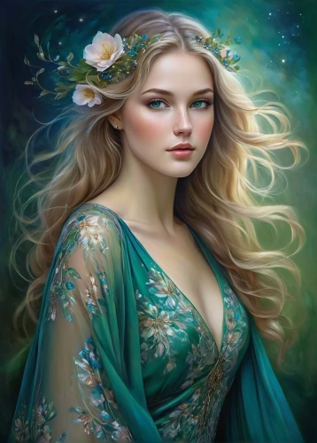 fantasy portrait,faery,faerie,mystical portrait of a girl,fantasy art,romantic portrait,elsa,fairy queen,celtic woman,elven flower,fairy peacock,jessamine,dryad,fae,water nymph,celtic queen,girl in flowers,fantasy picture,beautiful girl with flowers,fairy tale character,Illustration,Realistic Fantasy,Realistic Fantasy 30