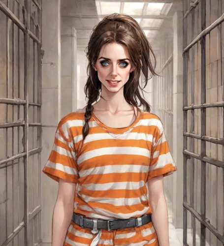 prisoner,prison,detention,lori,arbitrary confinement,tied up,queen cage,chainlink,girl in t-shirt,handcuffed,horizontal stripes,captivity,striped background,isolated t-shirt,croft,girl in overalls,killer smile,clementine,criminal,female nurse,Digital Art,Comic