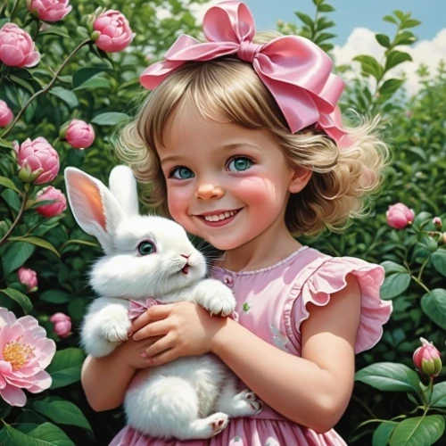 bunny on flower,little girl in pink dress,little bunny,white bunny,little rabbit,easter bunny,children's background,bunny,innocence,white rabbit,happy easter hunt,easter theme,european rabbit,cottontail,for all children,baby bunny,easter rabbits,rabbits,child portrait,rabbits and hares