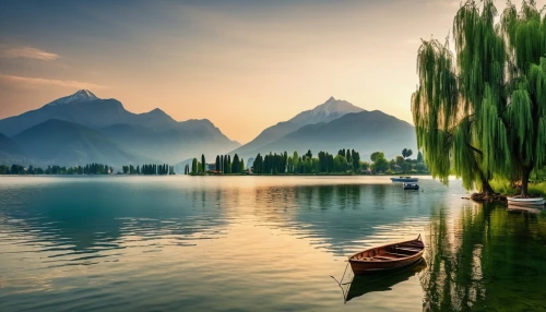 beautiful lake,beautiful landscape,boat landscape,landscape background,calm waters,landscapes beautiful,tranquility,calm water,nature landscape,river landscape,mountainlake,weeping willow,mountain lake,landscape photography,green trees with water,landscape nature,background view nature,guilin,thun lake,mountainous landscape,Photography,General,Realistic