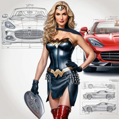 muscle car cartoon,super cars,super heroine,supercars,automobile hood ornament,wonderwoman,super woman,dodge la femme,super car,wonder woman city,automobile racer,hood ornament,automotive design,american sportscar,superhero background,wonder woman,porsche 718,american classic cars,auto show zagreb 2018,testarossa,Unique,Design,Blueprint