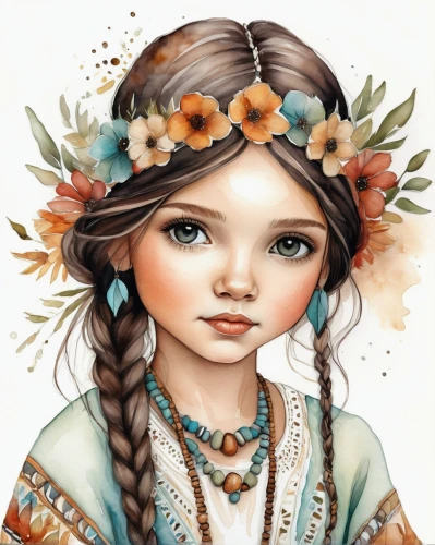 boho art,girl in flowers,boho,girl in a wreath,bohemian,flower girl,mystical portrait of a girl,beautiful girl with flowers,girl portrait,watercolor women accessory,little girl fairy,gypsy soul,little girl in wind,fantasy portrait,polynesian girl,boho background,kids illustration,fairy tale character,faery,flower painting,Conceptual Art,Daily,Daily 34