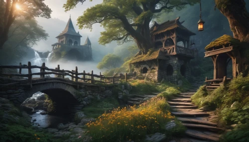 fantasy landscape,fairy village,fantasy picture,elven forest,house in the forest,the mystical path,fairytale forest,hobbiton,forest path,mountain settlement,home landscape,witch's house,druid grove,fairy forest,fairytale,fairy tale,hiking path,fantasy art,wooden path,a fairy tale,Photography,Fashion Photography,Fashion Photography 06