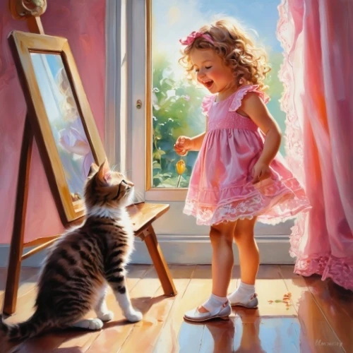 cat lovers,tenderness,little boy and girl,art painting,oil painting,little girl in pink dress,oil painting on canvas,little girls,painter,little girl and mother,innocence,romantic portrait,child portrait,cute cat,cute cartoon image,artist,childs,the little girl's room,little girl,little cat