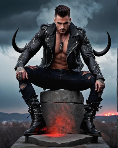 daemon,leather boots,male model,drago milenario,warrior pose,leather,lucifer,devil,artus,trample boot,black leather,minotaur,carpathian bells,kneel,gargoyle,carpathian,mohawk hairstyle,iron cross,male character,masculine,Illustration,Abstract Fantasy,Abstract Fantasy 13