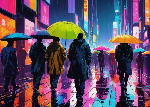 cyberpunk,colorful city,umbrellas,walking in the rain,world digital painting,tokyo,tokyo city,shinjuku,pedestrian,cityscape,hong kong,dystopian,neon ghosts,neon arrows,urban,neon,pedestrians,ultraviolet,colorful life,taipei,Conceptual Art,Sci-Fi,Sci-Fi 20