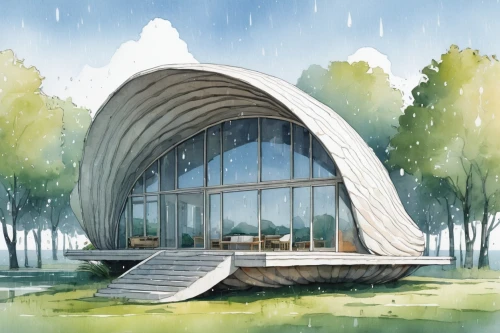 greenhouse cover,cooling house,school design,archidaily,musical dome,futuristic architecture,eco-construction,aqua studio,frame house,hahnenfu greenhouse,greenhouse,roof domes,pavilion,pool house,forest chapel,boat house,cubic house,boathouse,summer house,round house,Illustration,Paper based,Paper Based 07