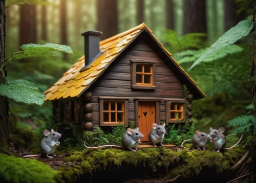 house in the forest,fairy house,woodland animals,forest animals,little house,miniature house,children's background,whimsical animals,small cabin,vintage mice,white footed mice,forest background,houses clipart,small house,children's fairy tale,fairy door,home pet,wood mouse,witch house,bird house,Photography,General,Fantasy