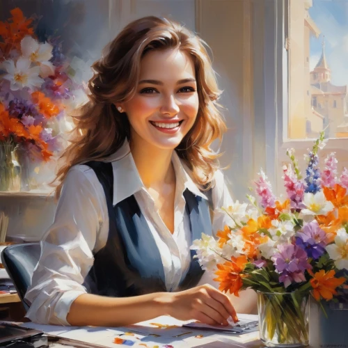 romantic portrait,splendor of flowers,italian painter,flower painting,oil painting,art painting,beautiful girl with flowers,woman at cafe,girl in flowers,a girl's smile,oil painting on canvas,a charming woman,with a bouquet of flowers,cheerfulness,meticulous painting,painter,holding flowers,artist portrait,photo painting,flower arranging,Conceptual Art,Oil color,Oil Color 03