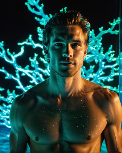 poseidon,glowing antlers,neon body painting,aquaman,neon lights,merman,nerve,neon light,bioluminescence,poseidon god face,electrified,electric,electricity,radioactive,human torch,greek god,sprinkler,austin stirling,incredible hulk,shower of sparks,Photography,Artistic Photography,Artistic Photography 09