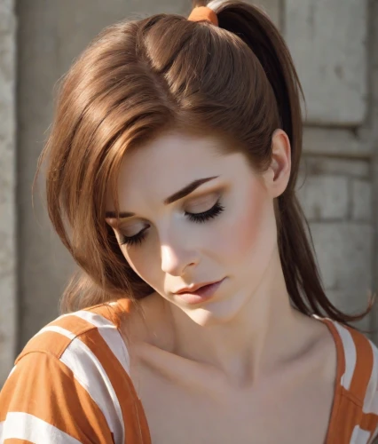 orange color,realdoll,caramel color,orange,updo,porcelain doll,vintage makeup,orange half,daisy 2,cinnamon girl,bright orange,pensive,chignon,tying hair,beautiful young woman,redhead doll,retouch,natural cosmetic,daisy 1,ponytail,Photography,Natural