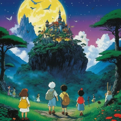 studio ghibli,my neighbor totoro,magical adventure,dream world,fairy world,monkey island,cartoon forest,shirakami-sanchi,children's fairy tale,fairy village,children's background,fantasy world,forest of dreams,moonlight,adventure game,happy children playing in the forest,pokémon,mushroom island,fairy tale,moonrise,Illustration,Japanese style,Japanese Style 14