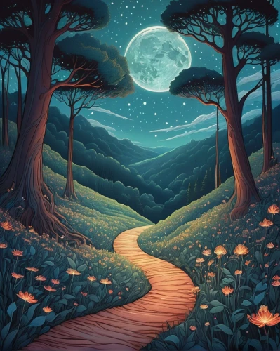 forest path,pathway,the mystical path,hiking path,forest landscape,forest of dreams,the path,mushroom landscape,moonlit night,forest road,enchanted forest,night scene,fantasy landscape,fairy forest,hollow way,wooden path,trail,winding road,tree top path,landscape background,Illustration,Black and White,Black and White 12