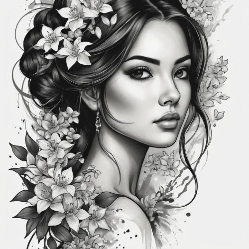 beautiful girl with flowers,boho art,fashion illustration,girl in flowers,jasmine blossom,rose flower illustration,flower girl,floral wreath,fashion vector,flower painting,fantasy portrait,flower drawing,white floral background,flower illustrative,flora,romantic portrait,pencil drawings,a beautiful jasmine,flower fairy,flower crown,Conceptual Art,Daily,Daily 07