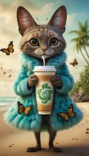 cat coffee,cat drinking tea,cartoon cat,blue hawaii,tea party cat,anthropomorphized animals,coffee background,coffee tea illustration,frappé coffee,crème de menthe,cute cartoon character,mocaccino,animals play dress-up,cat sparrow,cat cartoon,coffee to go,macchiato,agua de valencia,cocoa,cat's cafe,Illustration,Abstract Fantasy,Abstract Fantasy 06