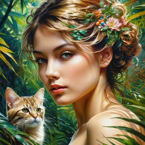 romantic portrait,fantasy art,fantasy portrait,mystical portrait of a girl,faery,emile vernon,oil painting,oil painting on canvas,fantasy picture,natural cosmetics,art painting,girl in flowers,faerie,beautiful girl with flowers,splendor of flowers,girl in a wreath,world digital painting,girl in the garden,cat lovers,young woman,Conceptual Art,Fantasy,Fantasy 05