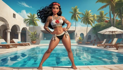 moana,polynesian girl,wonderwoman,mai tai,cleopatra,tiana,poolside,wonder woman,wonder woman city,summer background,hula,polynesian,lifeguard,maria bayo,ancient egyptian girl,cg artwork,daiquiri,fantasy woman,punta cana,pocahontas,Art,Classical Oil Painting,Classical Oil Painting 02