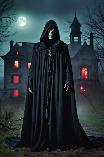 grimm reaper,grim reaper,witch house,hooded man,dance of death,the haunted house,haunted house,halloween poster,haunted castle,night administrator,reaper,dark art,creepy house,the witch,halloween and horror,witch's house,ghost castle,bogeyman,photoshop manipulation,grim,Conceptual Art,Sci-Fi,Sci-Fi 19