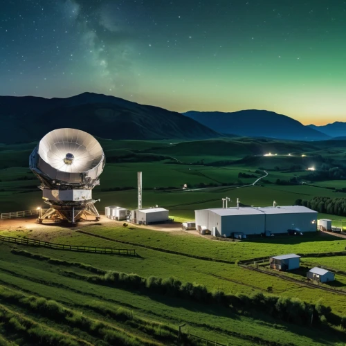 radio telescope,earth station,telescopes,telecommunications engineering,antenna parables,green aurora,telecommunication,radar dish,pioneer 10,cable programming in the northwest part,energy transition,floating production storage and offloading,crypto mining,research station,remote access,in the dish,renewable enegy,mining facility,telecommunications,solar dish,Photography,General,Realistic