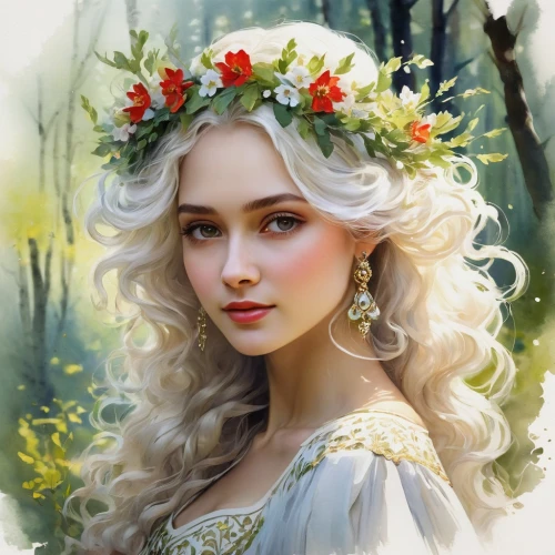 fantasy portrait,jessamine,elven flower,fairy tale character,white rose snow queen,beautiful girl with flowers,romantic portrait,spring crown,faery,girl in flowers,girl in a wreath,floral wreath,fairy queen,flower crown,mystical portrait of a girl,fantasy art,faerie,wreath of flowers,flora,eglantine,Conceptual Art,Oil color,Oil Color 11