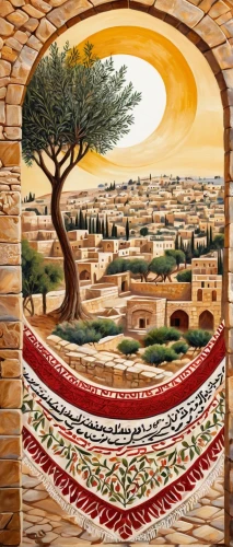 genesis land in jerusalem,judaean desert,jerusalem,arabic background,khokhloma painting,argan tree,argan trees,palestine,in madaba,western wall,jordanian,wailing wall,empty tomb,wall painting,bethlehem,torah,dead sea scroll,bedouin,monastery israel,al-aqsa,Conceptual Art,Oil color,Oil Color 22