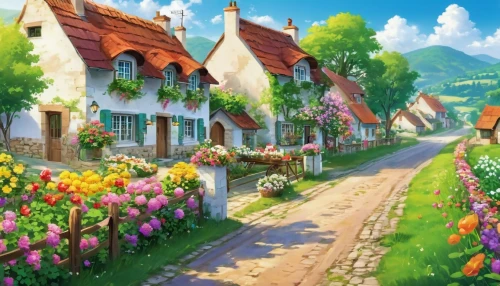 home landscape,cottage garden,springtime background,aurora village,flower shop,spring background,alpine village,tulip festival,flower painting,mountain village,landscape background,flower garden,fairy village,flower field,rural landscape,houses clipart,spring morning,knight village,village scene,splendor of flowers,Illustration,Japanese style,Japanese Style 19