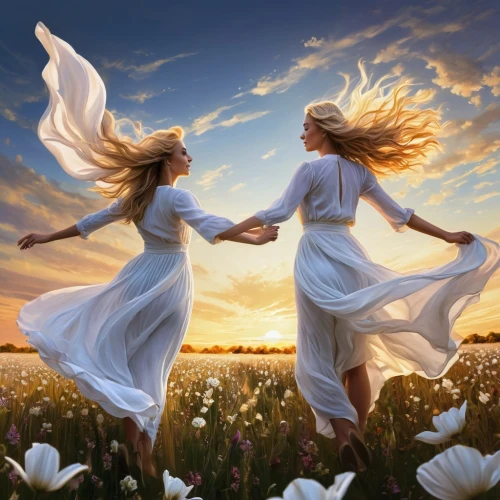 fairies aloft,gracefulness,dance with canvases,whirling,flying dandelions,leap for joy,divine healing energy,spring equinox,dancers,twirls,celtic woman,flying seeds,white daisies,photo manipulation,flying seed,angel's trumpets,cheerfulness,beautiful photo girls,freedom from the heart,pillow fight,Illustration,Paper based,Paper Based 15
