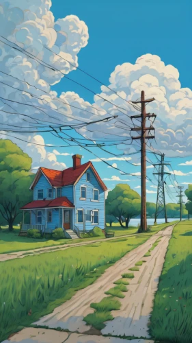 home landscape,rural landscape,lonely house,seaside country,outskirts,telephone pole,little house,neighborhood,rural,maple road,country side,landscape background,telephone poles,suburbs,prairie,cottage,country road,countryside,roadside,farmstead,Illustration,Japanese style,Japanese Style 16
