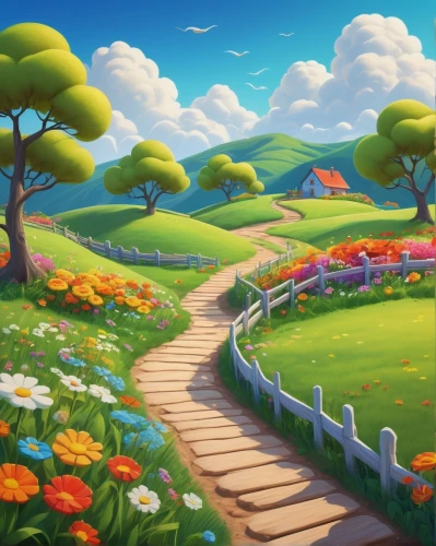 springtime background,cartoon video game background,spring background,landscape background,meadow landscape,flower field,blooming field,flower garden,home landscape,flowers field,mushroom landscape,children's background,salt meadow landscape,flower meadow,field of flowers,tulip field,tulips field,meadow in pastel,pathway,clover meadow,Illustration,American Style,American Style 11