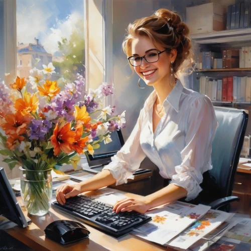 girl at the computer,office worker,secretary,receptionist,work at home,girl studying,in a working environment,modern office,reading glasses,place of work women,bussiness woman,administrator,woman sitting,world digital painting,work from home,illustrator,working space,artist portrait,librarian,office desk,Conceptual Art,Oil color,Oil Color 03