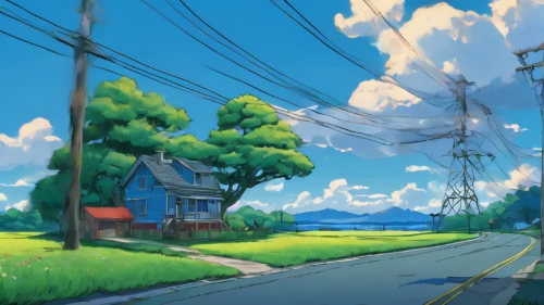 studio ghibli,powerlines,power lines,telephone poles,telephone pole,the road,summer sky,atmosphere,power line,summer day,roadside,blue sky,road,power pole,seaside country,country road,neighborhood,wires,scenery,countryside,Illustration,Japanese style,Japanese Style 14