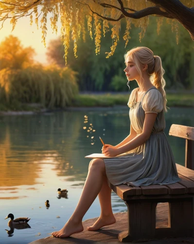girl on the river,the blonde in the river,fantasy picture,idyll,girl sitting,world digital painting,a fairy tale,romantic scene,fairy tale,girl in the garden,fairytale,girl with a dolphin,relaxed young girl,summer evening,enchanted,mystical portrait of a girl,girl with tree,fantasy portrait,contemplation,girl on the boat,Illustration,Paper based,Paper Based 02